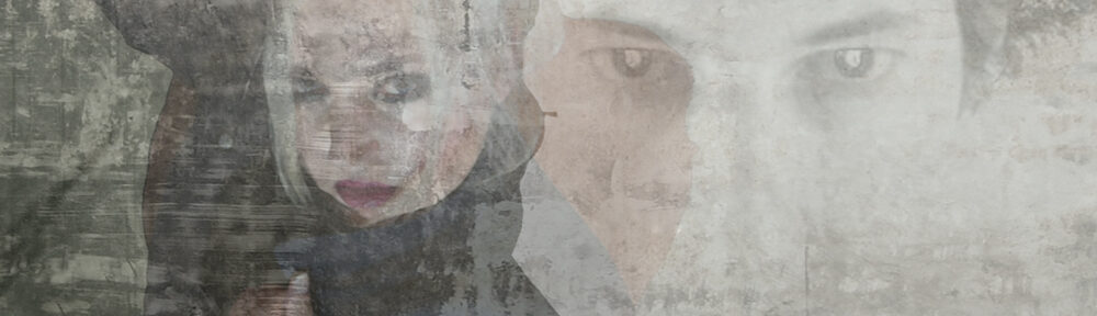 Abstract portrait with layered faces and textures.